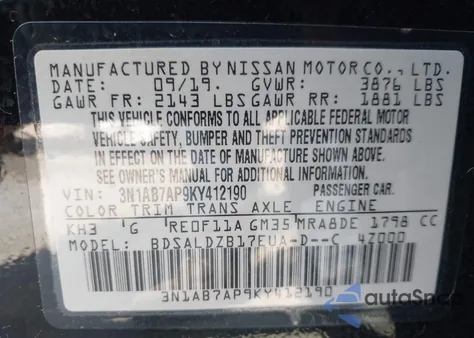 2019 Nissan Sentra Sv z USA, uszkodzony, nr VIN 3N1AB7AP9KY412190